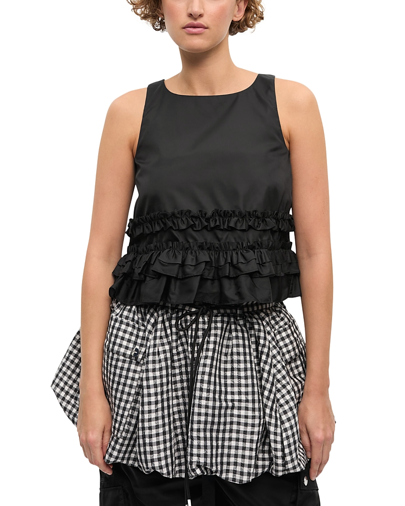 Ganni Checkered Tank Top Featuring Ruffle Detailing In Black