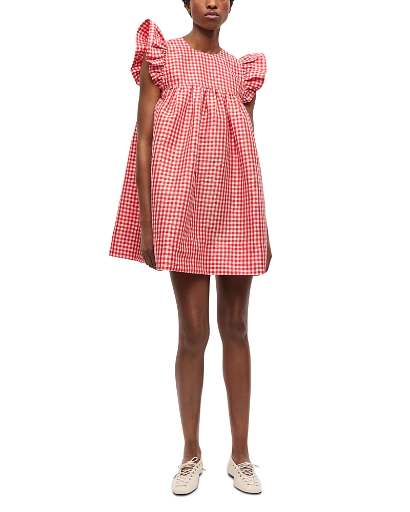 Ganni Red Crinkled Check Taffeta Dress
