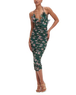 Botanic Ruffle Neck Ruched Midi Dress