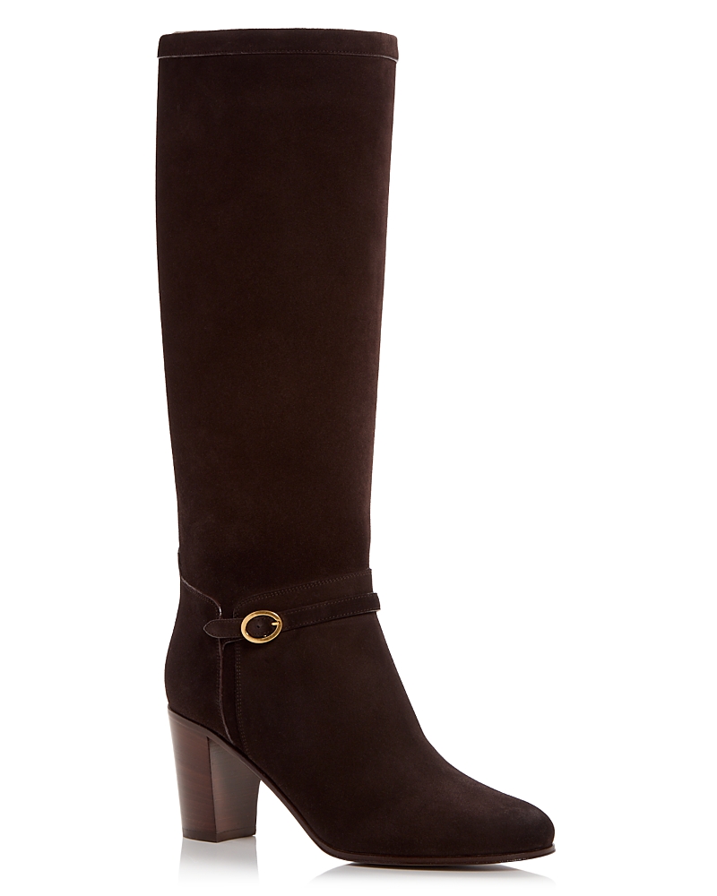 Valentino Knee-high Suede Boots With Leather Block Heel In Brown
