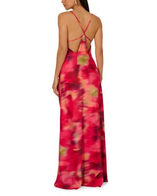Printed Satin V Neck Long Dress