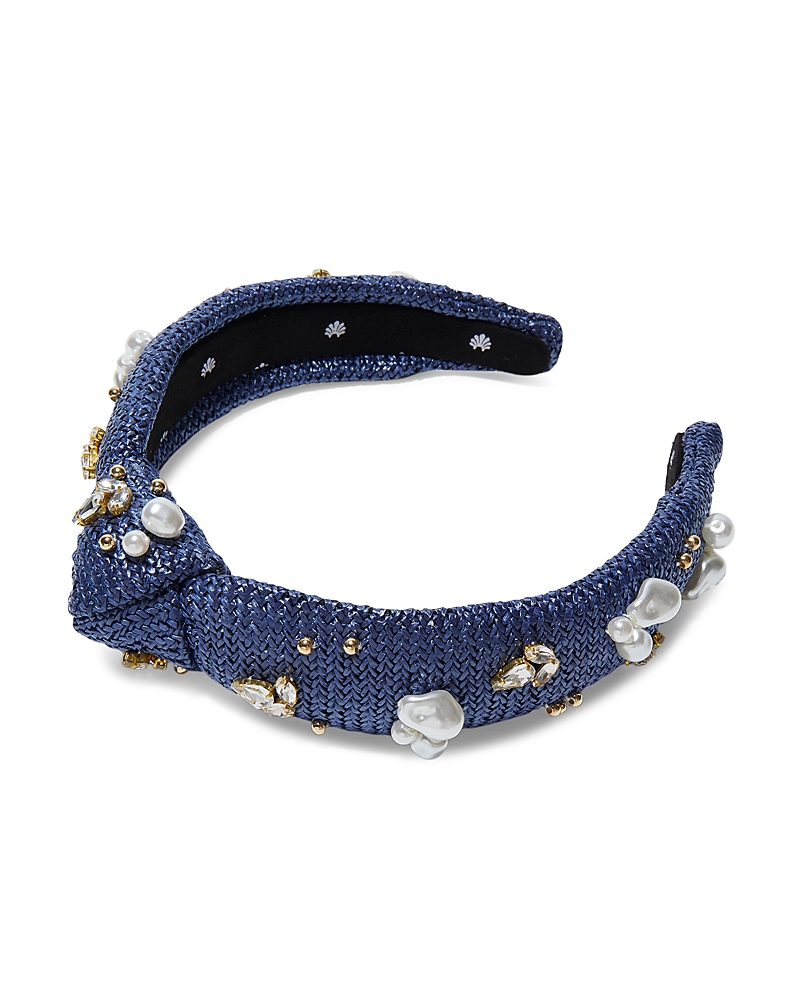 Lele Sadoughi Slim Knotted Oasis Embellished Raffia Headband In Blue