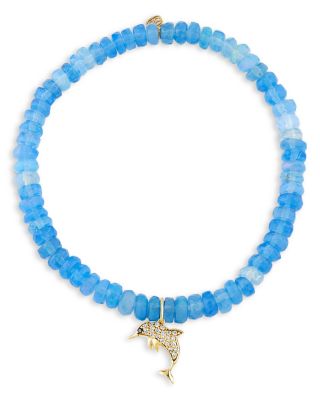 14K Yellow Gold Diamond Dolphin Charm Ethiopian Opal Beaded Stretch Bracelet