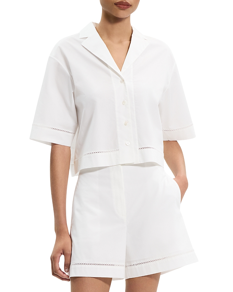 Theory Womens White Cropped Short-sleeves Stretch-cotton Shirt