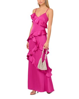 Stretch Satin Ruffle Long Dress