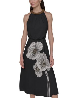 Halter Neck Embellished Floral Print Dress