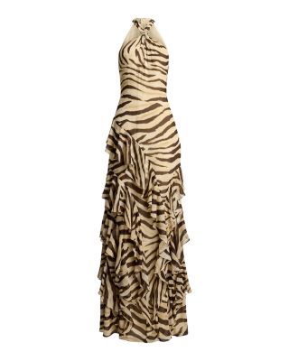 Zebra Print Ruffle Trim Georgette Gown