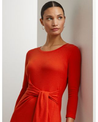 Tie Front Cotton Blend Crewneck Dress