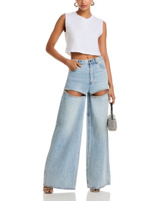 Wide Leg Crystal Slit Jeans in Light Blue