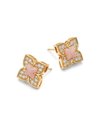 18K Yellow Gold Venetian Princess Carnival Pink Opal & Diamond Stud Earrings