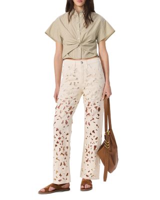 Logan Floral Cutout High Rise Wide Leg Jeans in Ecru