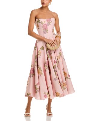 Rousseau Light Pink Cross Stitch Floral Linen Strapless Midi Dress