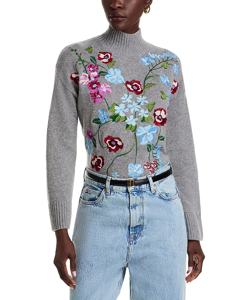 C By Bloomingdale's Cashmere Garden Floral Mock Neck Sweater - Exclusive In Gray