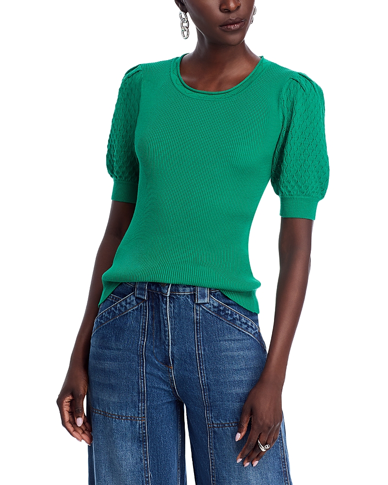 Elie Tahari The Nika Mixed Media Puff Sleeve Knit Top
