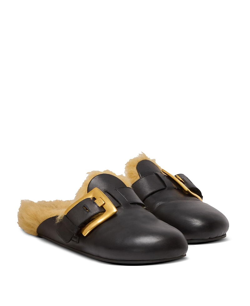 Balmain Flat Leather And Faux Fur Mules In Black