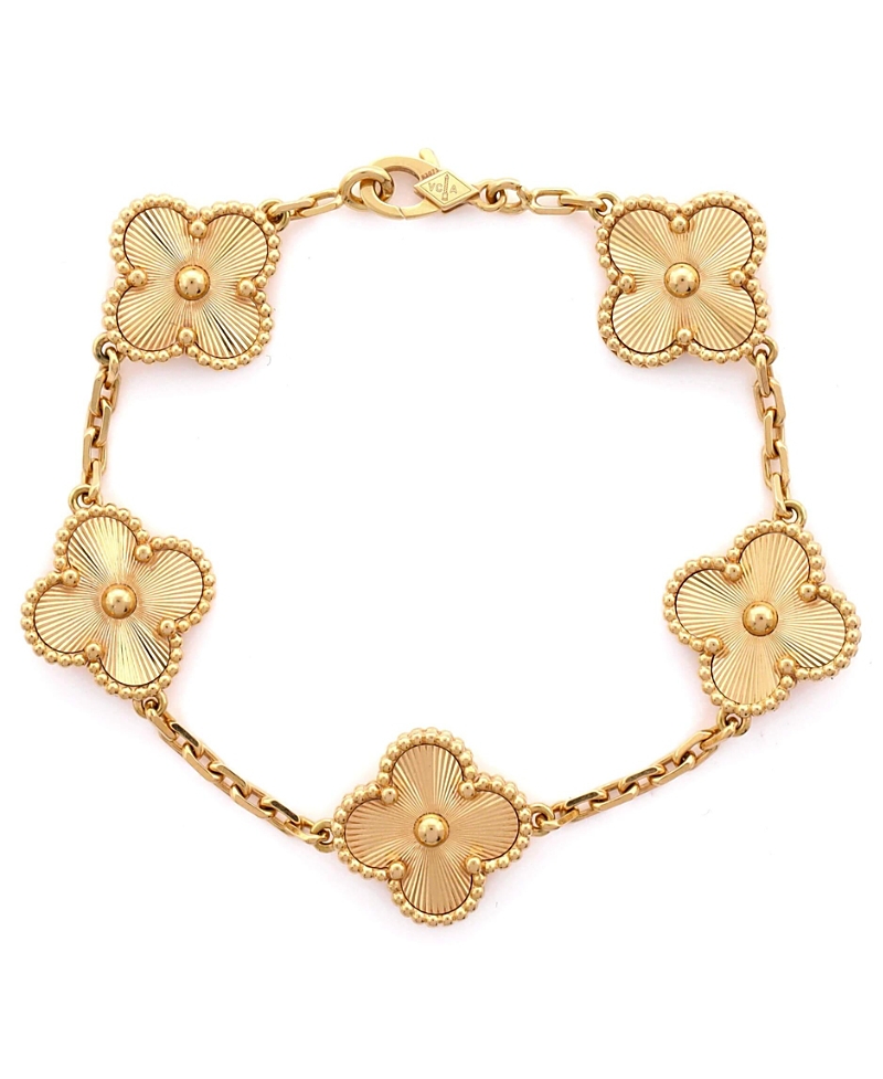 Pre-owned Pre-owned Van Cleef & Arpels Van Cleef & Arpels Vintage Alhambra 5 Motifs Bracelet Guilloche 18k Gold
