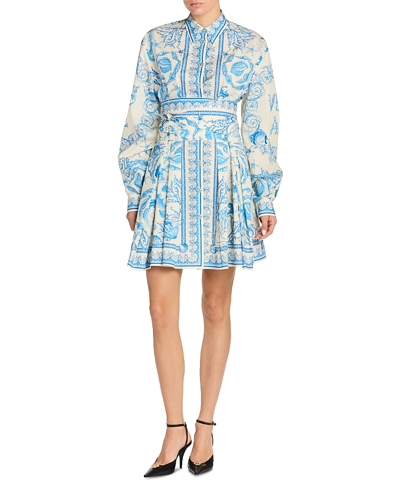 Versace Underwater Barocco Long Sleeve Cotton Poplin Shirtdress In White