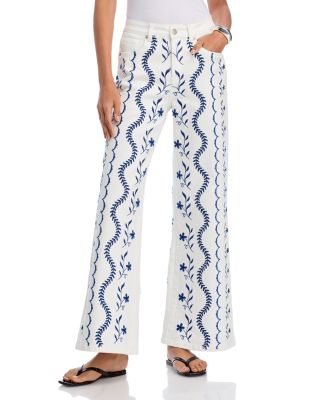 Embroidered High Rise Wide Leg Jeans in White/Blue - Exclusive