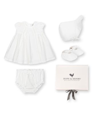 Hope & Henry - Girls' 3 Piece Special Occasion Linen Pintuck Dress, Diaper Cover, & Bonnet Boxed Gift Set - Baby