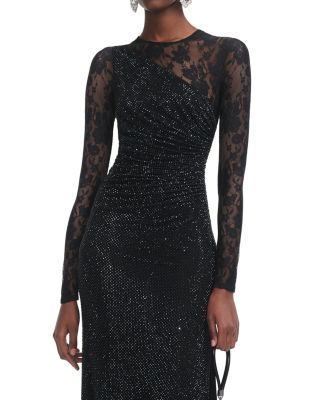 Black Rhinestone Lace Sleeve Maxi Dress