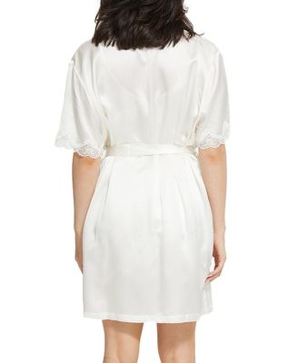Silk Short Wrap Gown with Lace Trim Robe