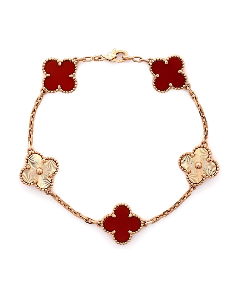 Pre-owned Pre-owned Van Cleef & Arpels Van Cleef & Arpels Vintage Alhambra 5 Motifs Bracelet Guilloche 18k Rose Gold And Carnelia