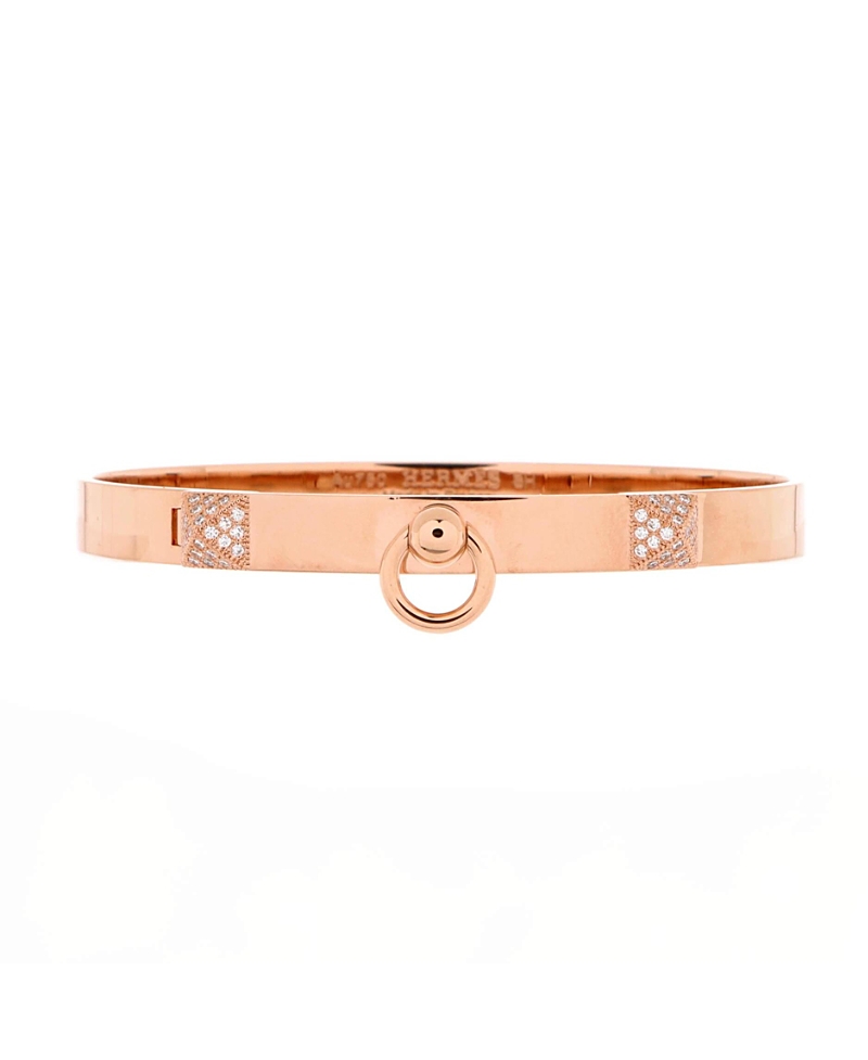 PRE-OWNED HERMES PRE-OWNED HERMES PM COLLIER DE CHIEN BRACELET 18K ROSE GOLD WITH PAVE DIAMOND STUDS