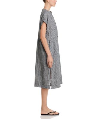 Puckered Linen Mandarin Collar Dress