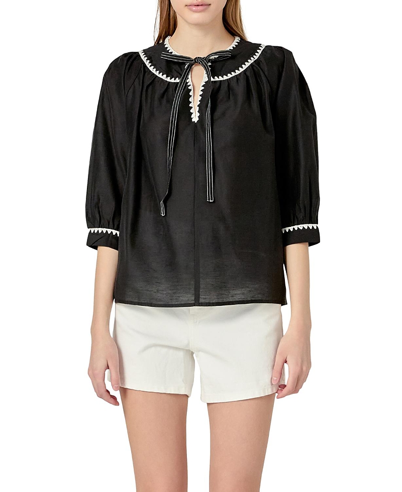 English Factory Embroidered Tie Neck Top In Black