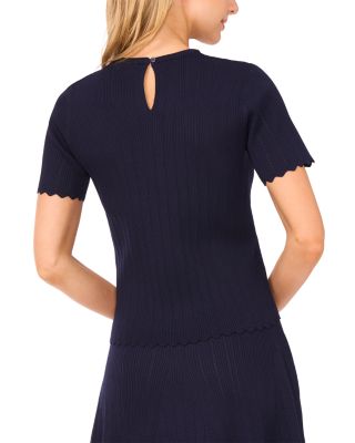 Short Sleeve Crewneck Keyhole Back Top with Pointelle and Rib