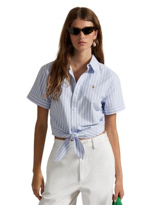 Cotton Oxford Tie Front Cropped Shirt