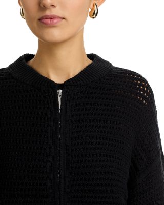 Open Knit Bomber Crewneck Cardigan Sweater