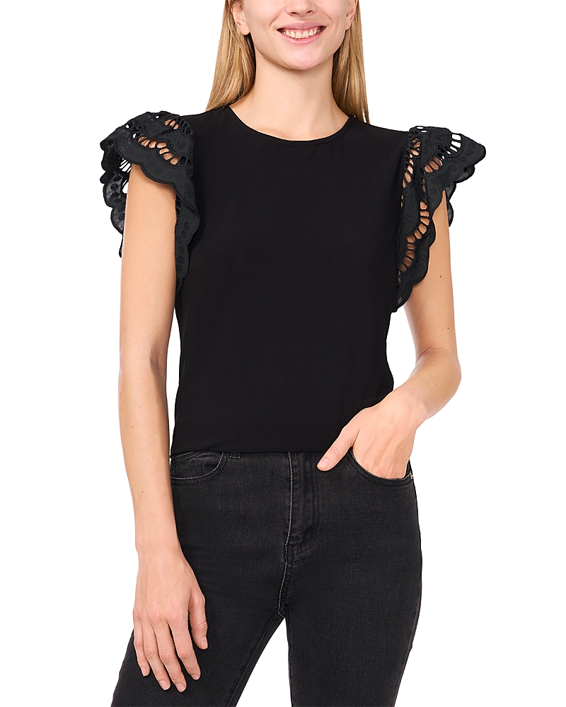 Cece Embroidered Flutter Sleeve Mixed Media Top In Black