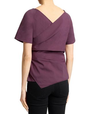 MURPHY Short Sleeve Wrap Top with Asymmetric Tucked Closure in Stretch Cotton Blend
