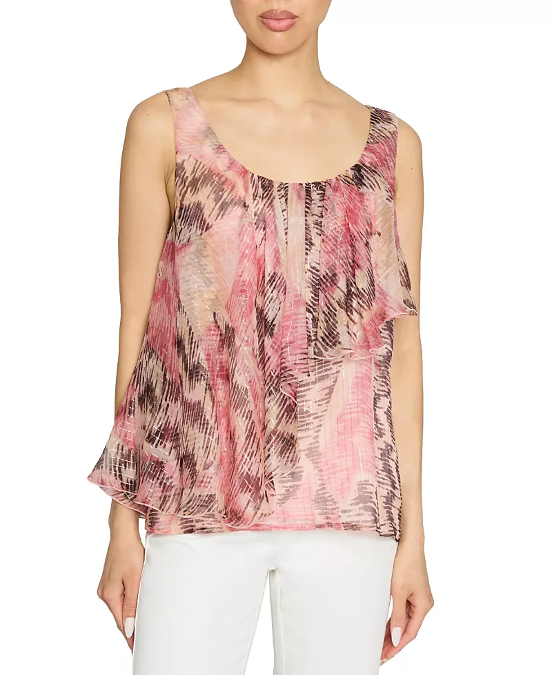 Santorelli Bonnie Sleeveless Ruffled Top in Printed Silk Chiffon