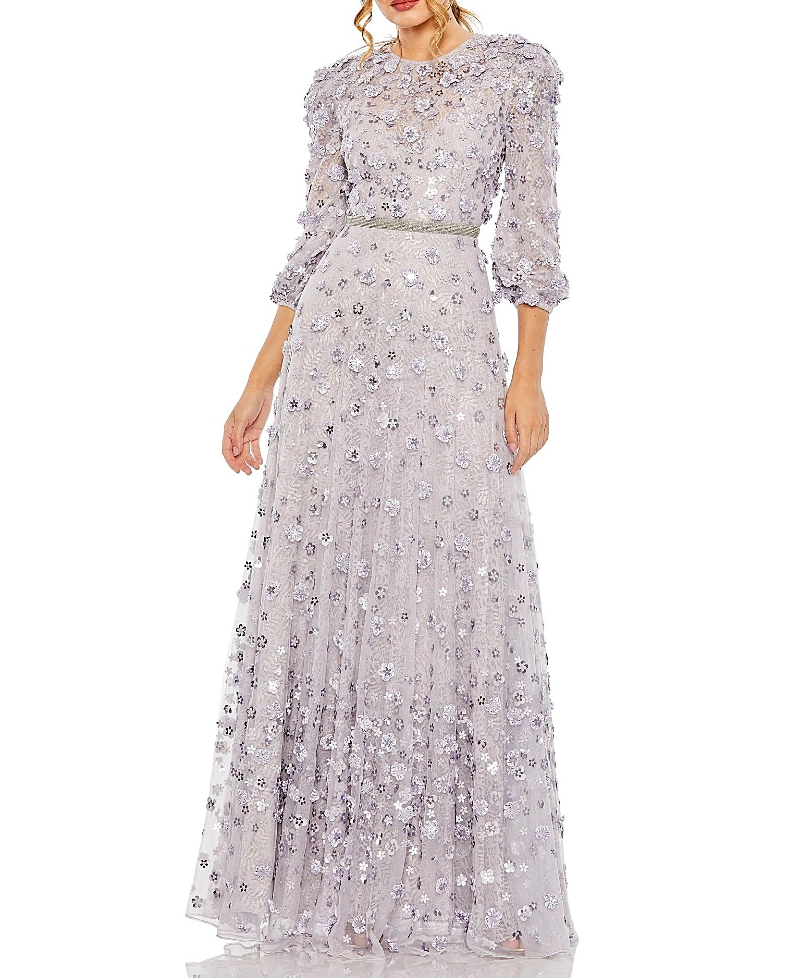 Mac Duggal Floral Applique Puff Sleeve High Neck A-Line Gown