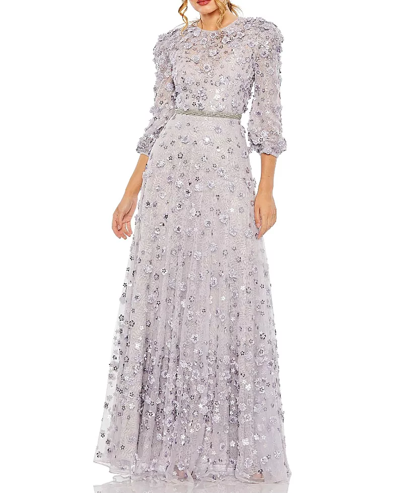 Mac Duggal Floral Applique Puff Sleeve High Neck A-Line Gown