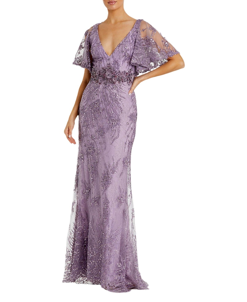 Mac Duggal Vintage Flutter Sleeve Evening Gown In Purple