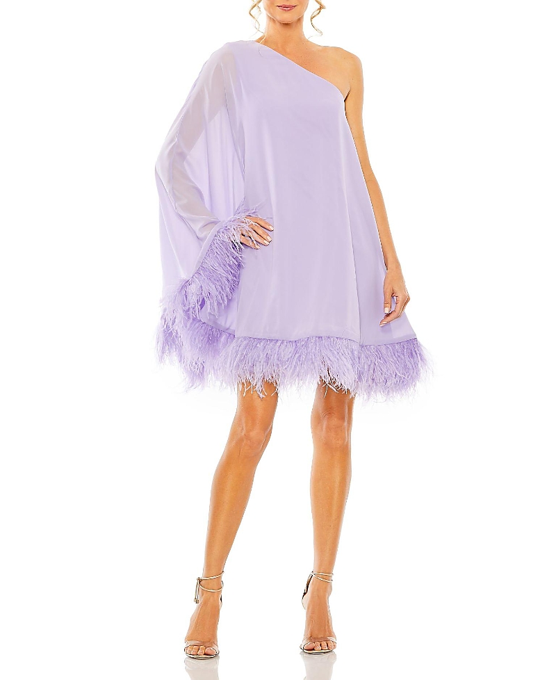Mac Duggal One Shoulder Trapeze Dress With Feather Trim