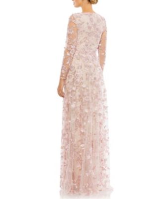 Floral Applique Long Sleeve Illusion Gown