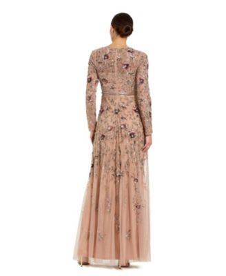  Long Sleeve Floral Embellished Mesh A Line Gown