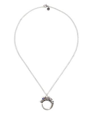 Brushed Sterling Silver Naga Pendant Necklace with Black Sapphire, Black Spinel and Blue Sapphire Eyes, 16"