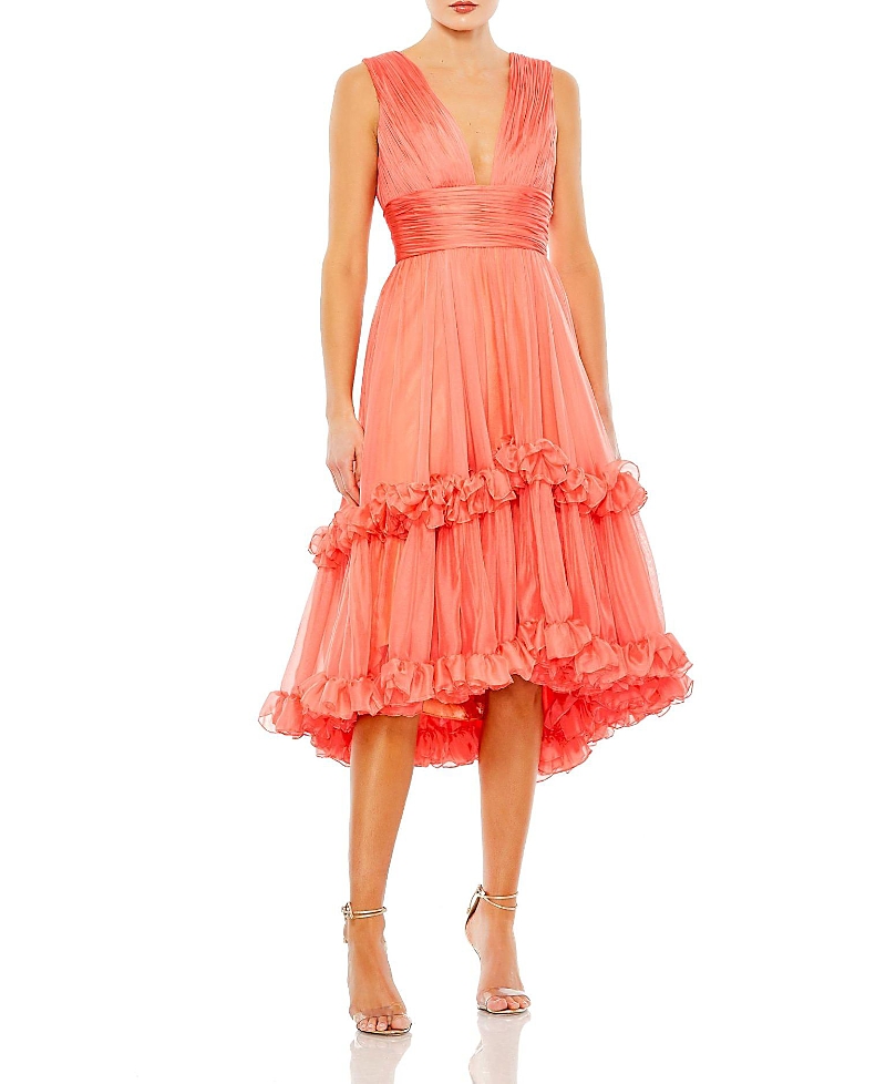 Mac Duggal Plunge Neck Tiered High-low Cocktail Dress