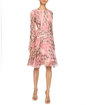 RONI Long Sleeve Fit and Flare Dress in Printed Silk Chiffon