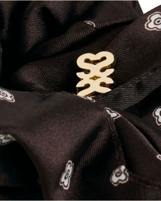 Printed Mini Dress, Silk Tie Shirt, Scarf Print Maxi Skirt, Satin Bow Barrette, & Patterned Scrunchie