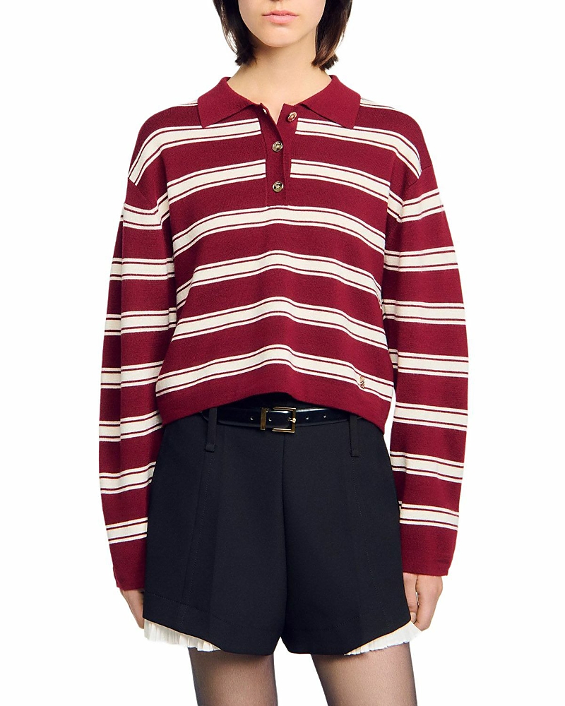 Sandro Wool Striped Polo Sweater In Burgundy