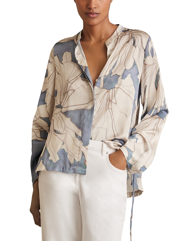 Reiss Blue Floral Print Gathered Cut Out Shirt In Blue