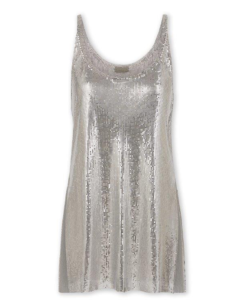 Rabanne Metallic Sleeveless Top With Spaghetti Straps And Chainmail In Tech Fabric Woman In Silver