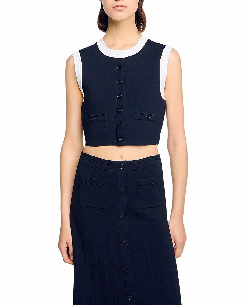 Sandro Womens Navy Blue Sleeveless Cropped Knitted Cardigan In Blue