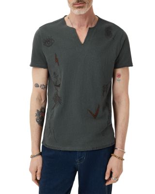 Regular Fit Embroidered Raw Edge V Neck Tee